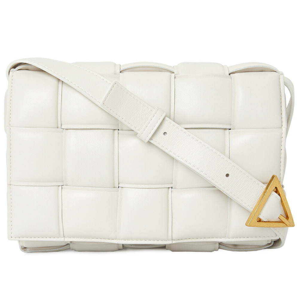 Bottega Veneta White Intrecciato Padded Shoulder Bag with Gold Triangle Accent